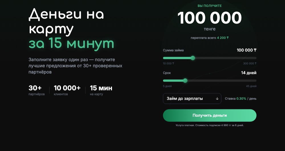Главная finky.kz: «Деньги на карту за 15 минут» и мелкая строка «Услуга платная. Стоимость подписки 4 990 тг за 6 дней»
