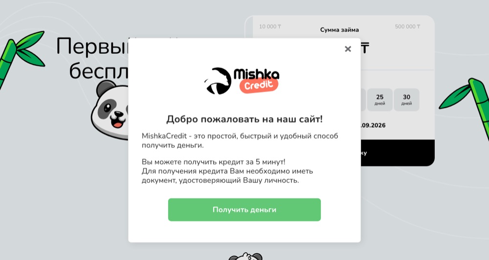Главная mishkacredit.kz: «Первый займ бесплатно!» и «кредит за 5 минут»
